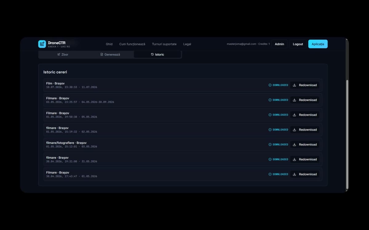 Panou de administrare DroneCTR pentru gestionarea utilizatorilor și a creditelor